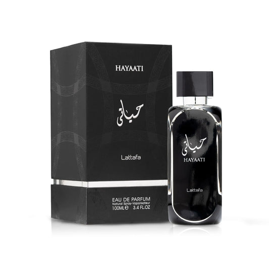 Hayaati Lattafa perfume bottle and packaging on a white background