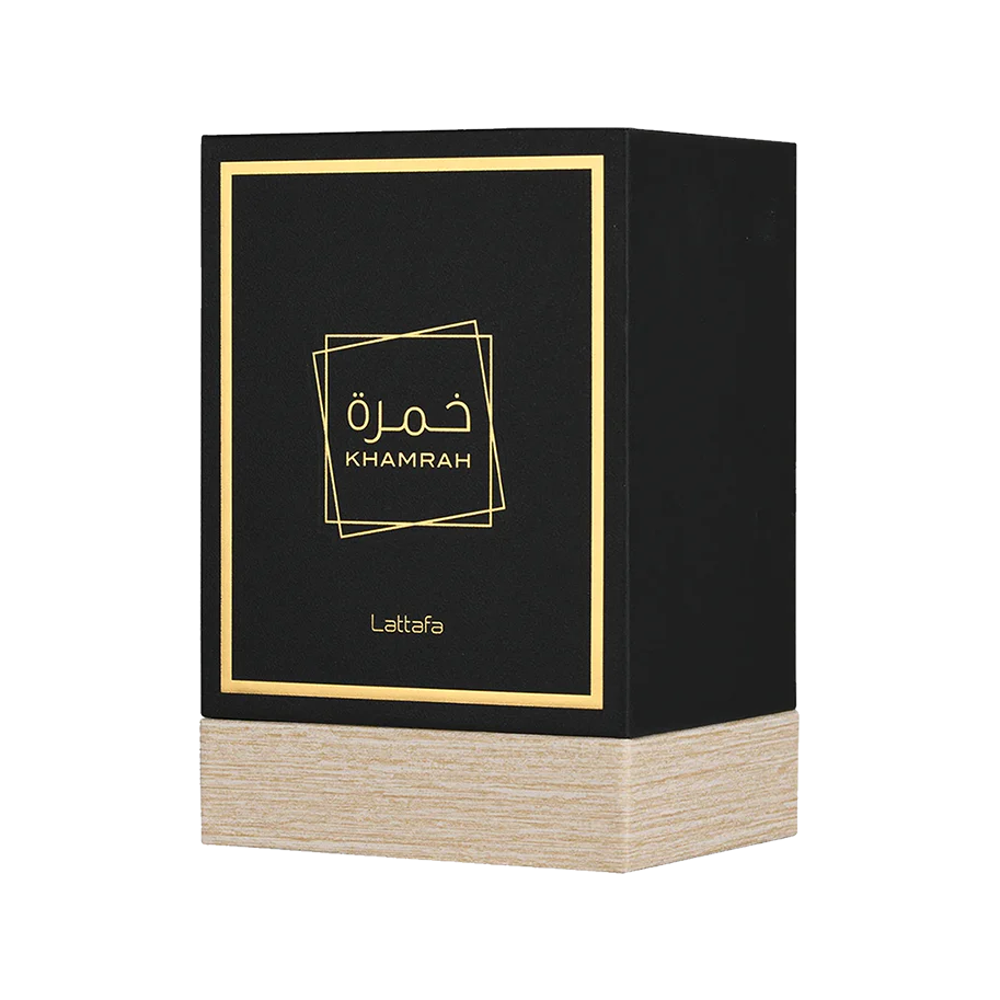 Lattafa Khamrah black box with gold accents featuring the brand 'Lattafa' on a white background
