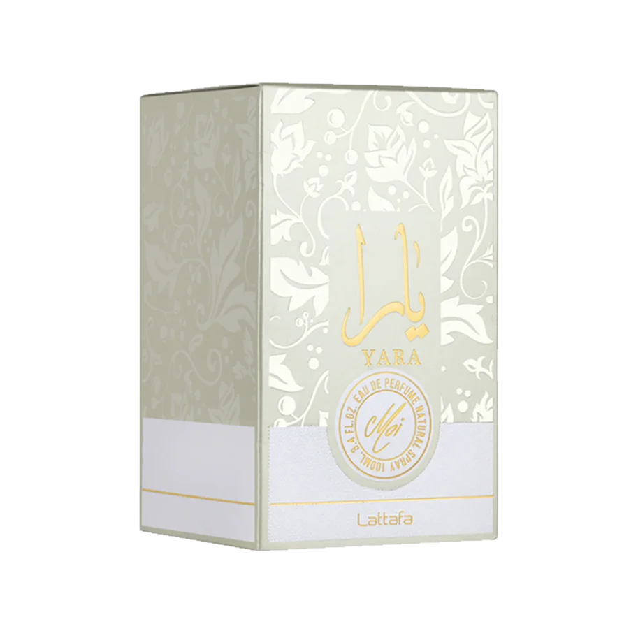 Lattafa Yara perfume box with intricate design and gold accents on a white background
