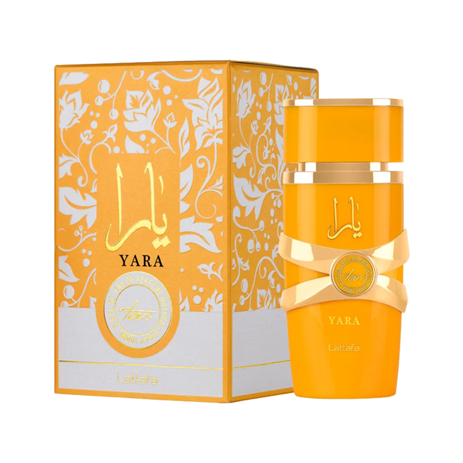 Lattafa Yara Tous Orange perfume bottle and packaging with 'Yara' branding on a white background