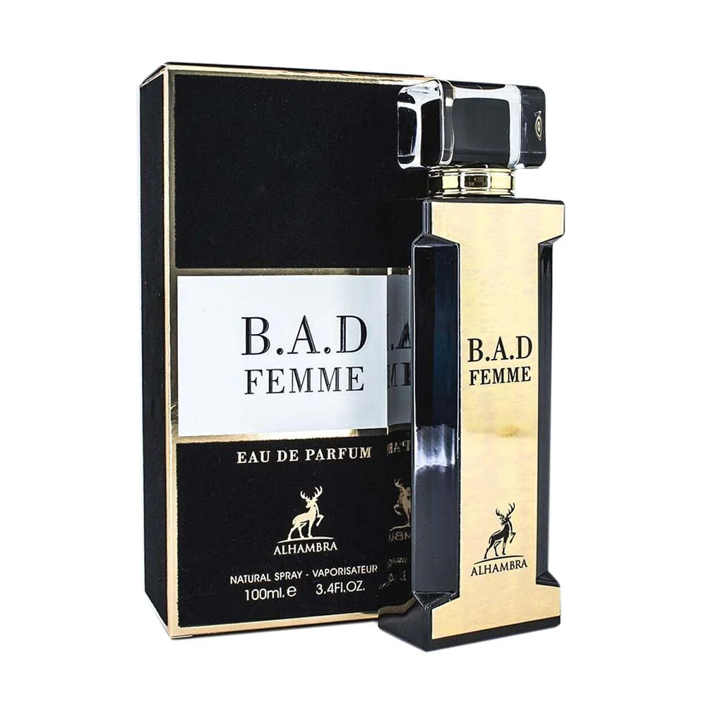 Maison Alhambra B.A.D Femme perfume bottle and packaging on a white background