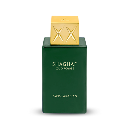 Swiss Arabian Shaghaf Oud Royale perfume bottle with gold cap on a white background
