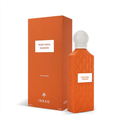 Orange perfume bottle and packaging with 'Ibraq' branding on a white background