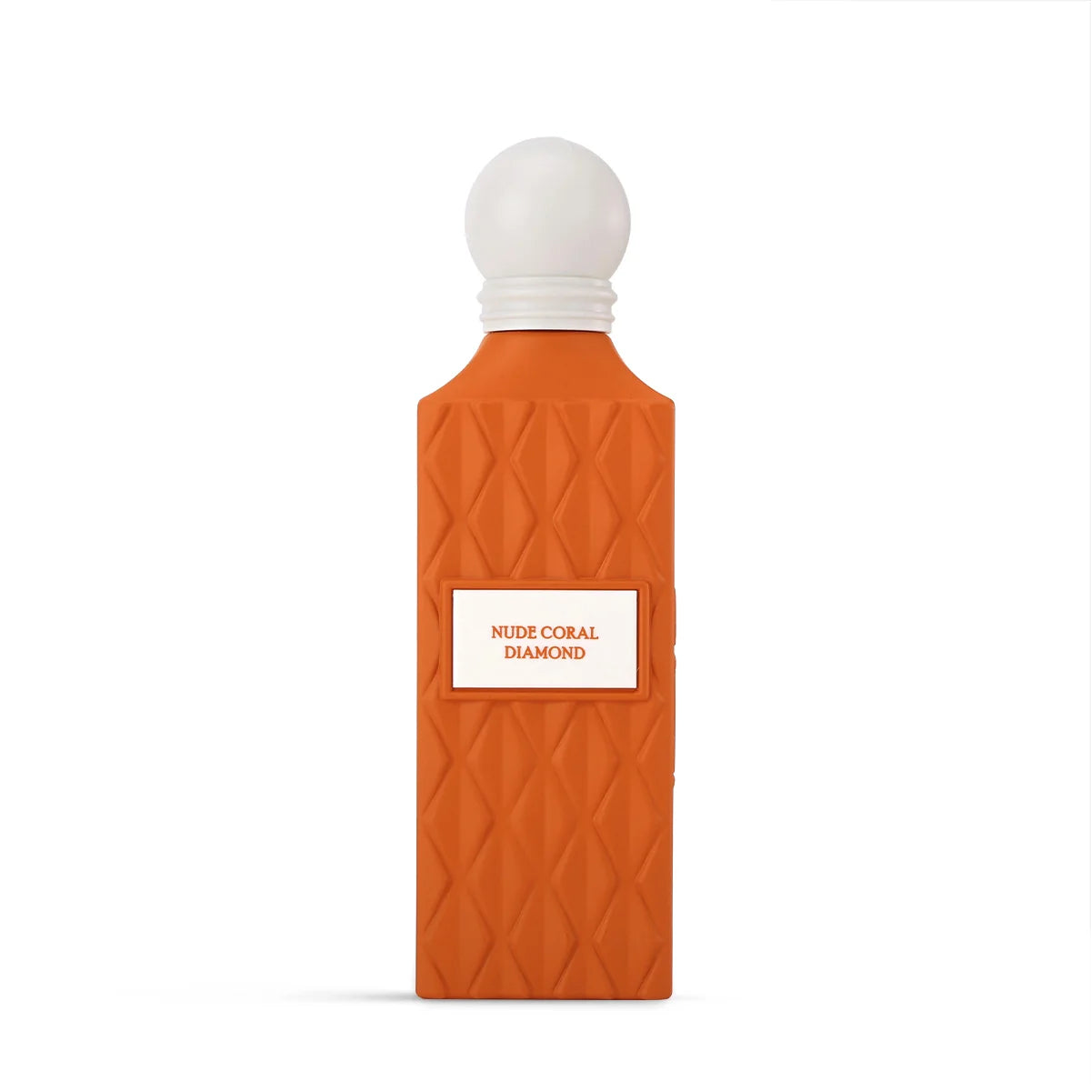 Orange perfume bottle with white cap on a white background