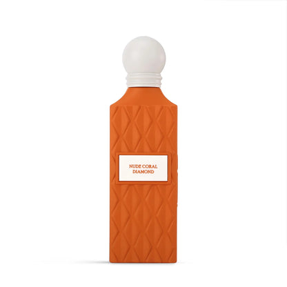 Orange perfume bottle with white cap on a white background