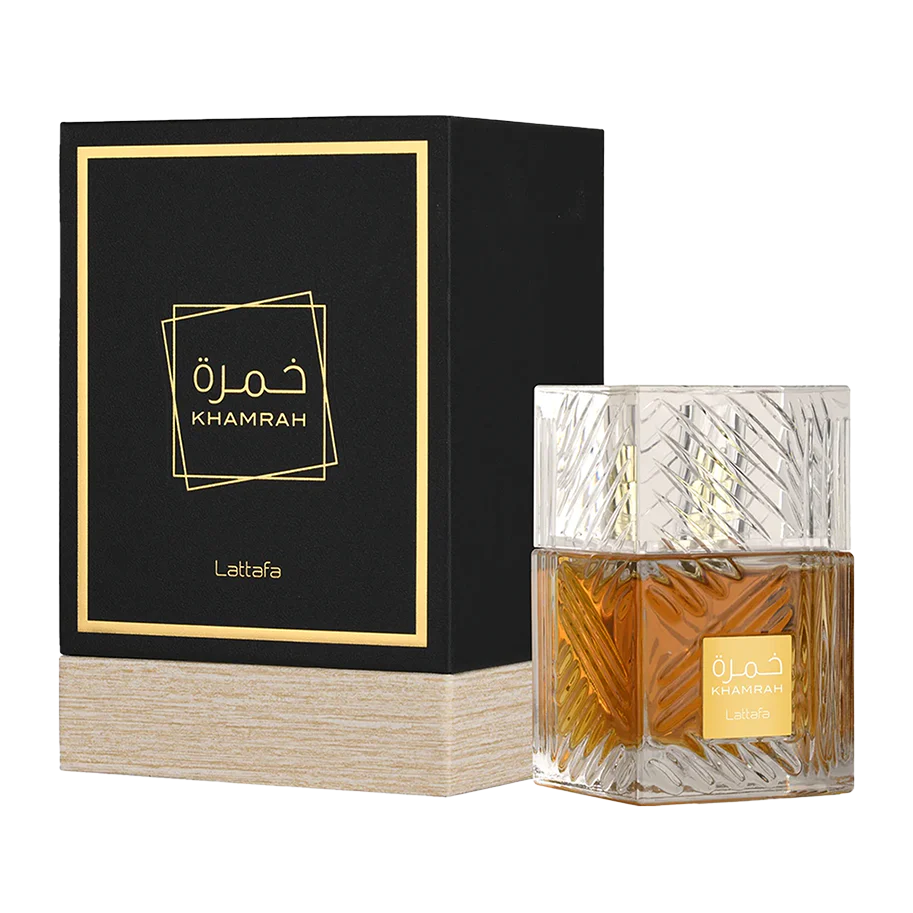 Khamrah perfume bottle and packaging on a white background