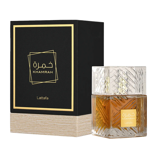 Khamrah perfume bottle and packaging on a white background