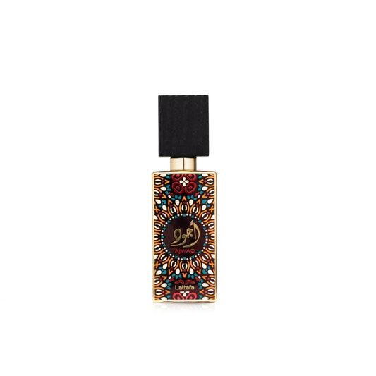 Lattafa Ajwad perfume bottlewith decorative label on a white background