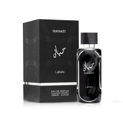 Hayaati Lattafa perfume bottle and packaging on a white background