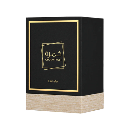 Lattafa Khamrah black box with gold accents featuring the brand 'Lattafa' on a white background