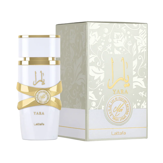 Lattafa Yara perfume bottle and packaging on a white background