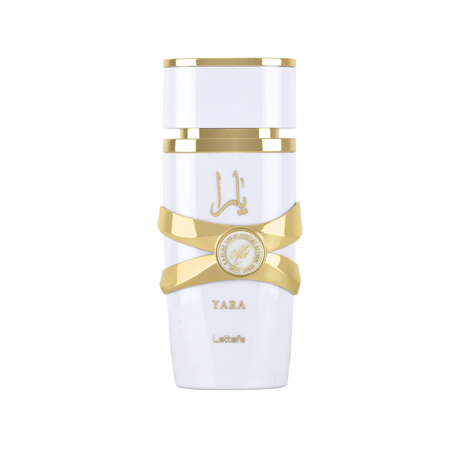 Lattafa White and gold bottle with 'Yara' branding on a white background
