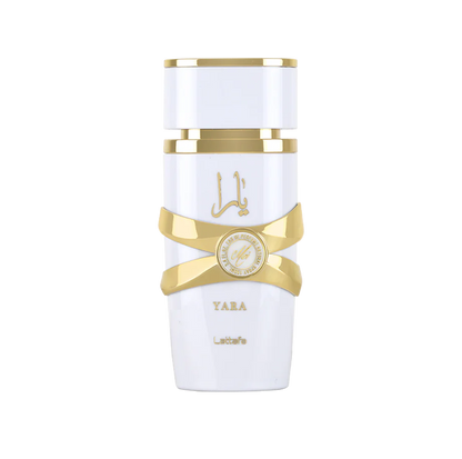 Lattafa White and gold bottle with 'Yara' branding on a white background