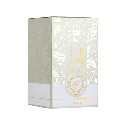 Lattafa Yara perfume box with intricate design and gold accents on a white background