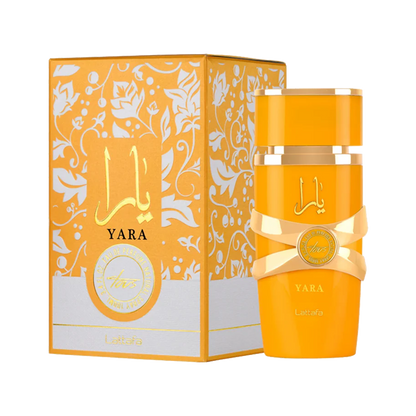Lattafa Yara Tous Orange perfume bottle and packaging with 'Yara' branding on a white background