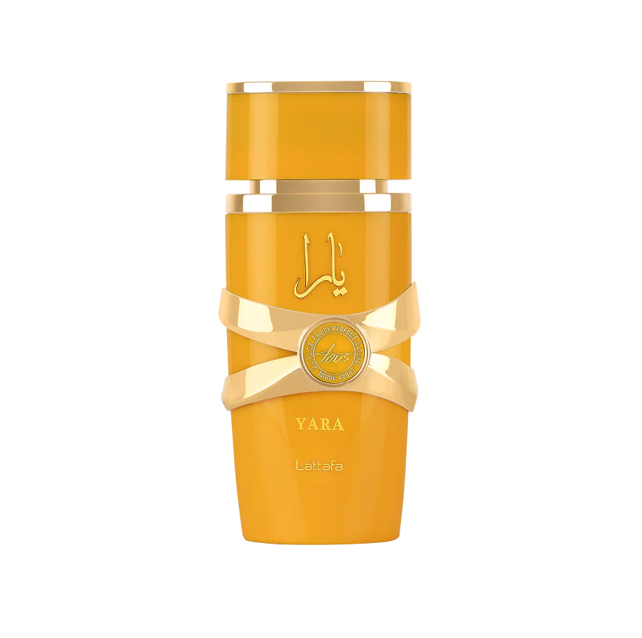 Lattafa Yara Tous Yellow bottle with gold accents on a white background