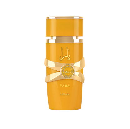 Lattafa Yara Tous Yellow bottle with gold accents on a white background