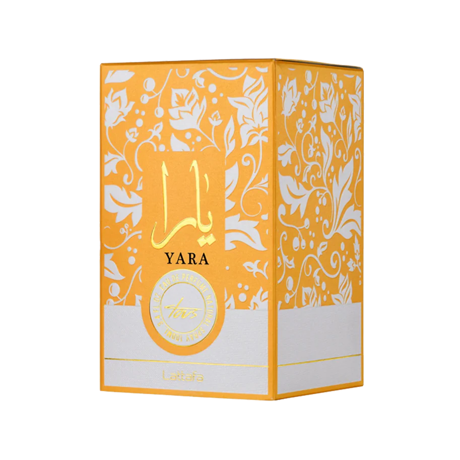 Lattafa Yara Tous perfume box with decorative patterns on a white background