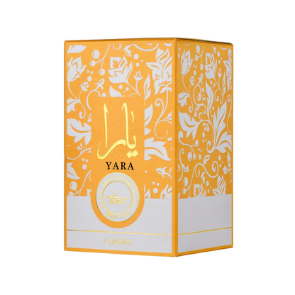 Lattafa Yara Tous perfume box with decorative patterns on a white background