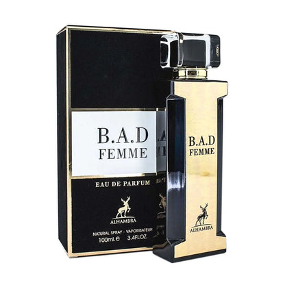 Maison Alhambra B.A.D Femme perfume bottle and packaging on a white background