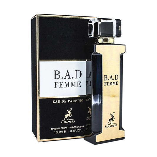 Maison Alhambra B.A.D Femme perfume bottle and packaging on a white background