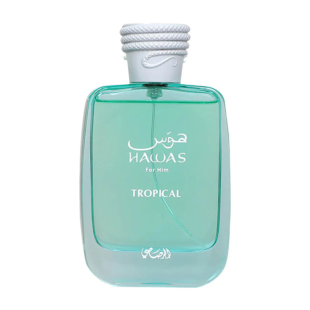 Rasasi Hawas Tropical Perfume bottle labeled 'Hawas' with 'Tropical' description on a white background
