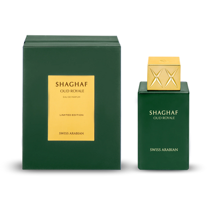 Shaghaf Oud Royale perfume bottle and packaging on a white background
