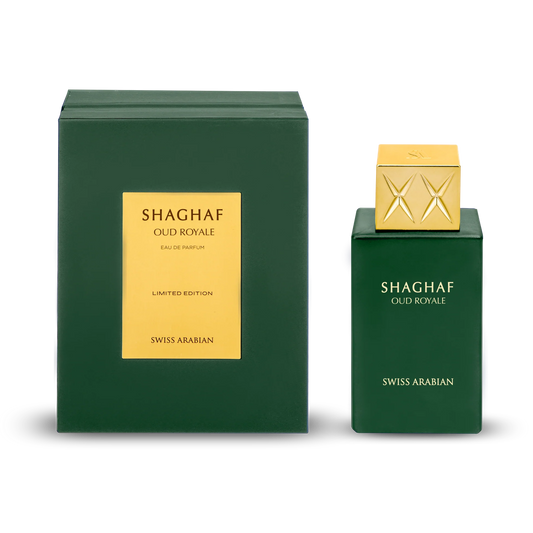 Shaghaf Oud Royale perfume bottle and packaging on a white background