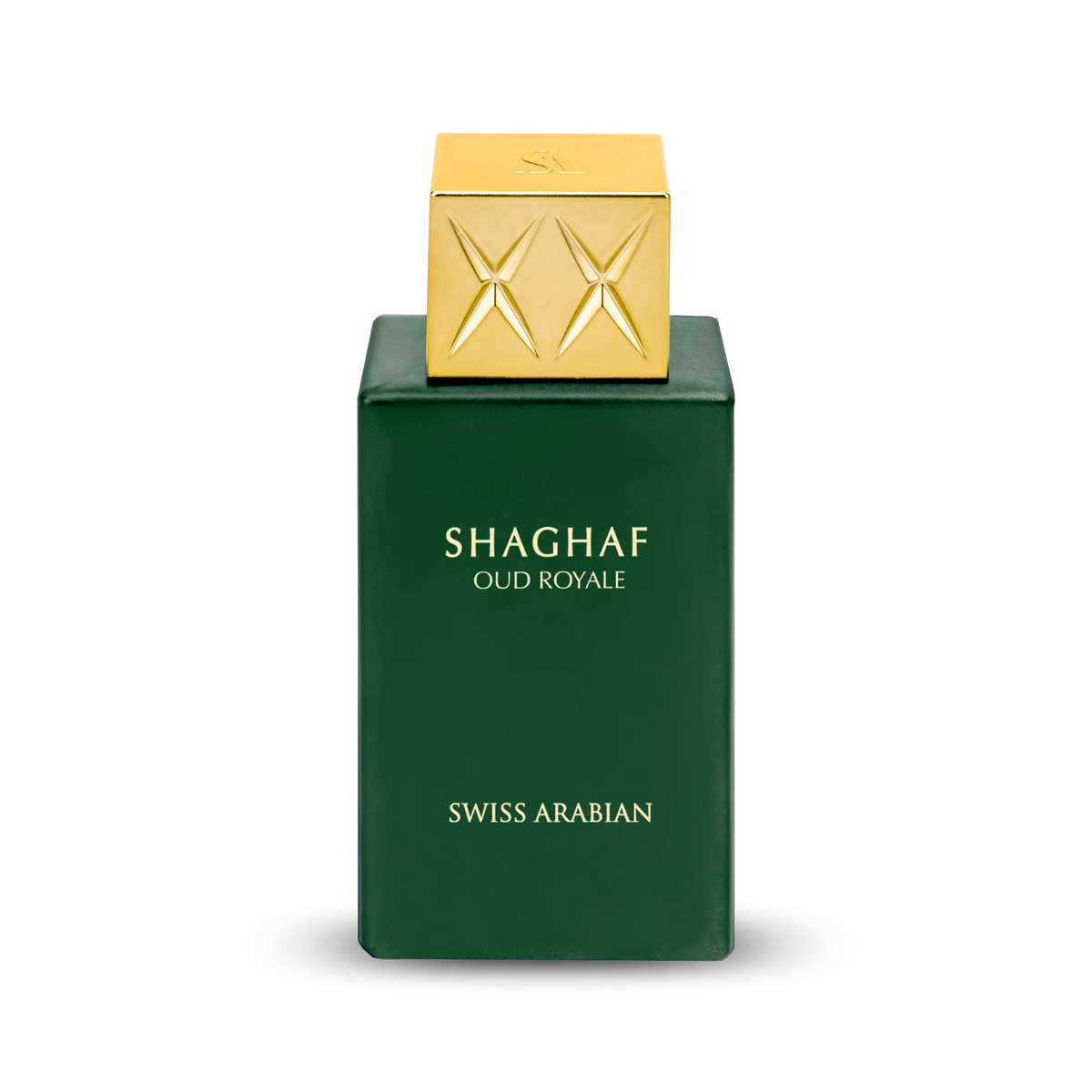 Swiss Arabian Shaghaf Oud Royale perfume bottle with gold cap on a white background