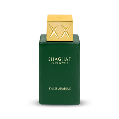 Swiss Arabian Shaghaf Oud Royale perfume bottle with gold cap on a white background