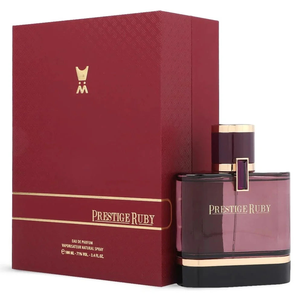 Prestige Ruby Eau de Parfum bottle next to its textured dark red packaging box, both featuring gold lettering and accents on a white background.
